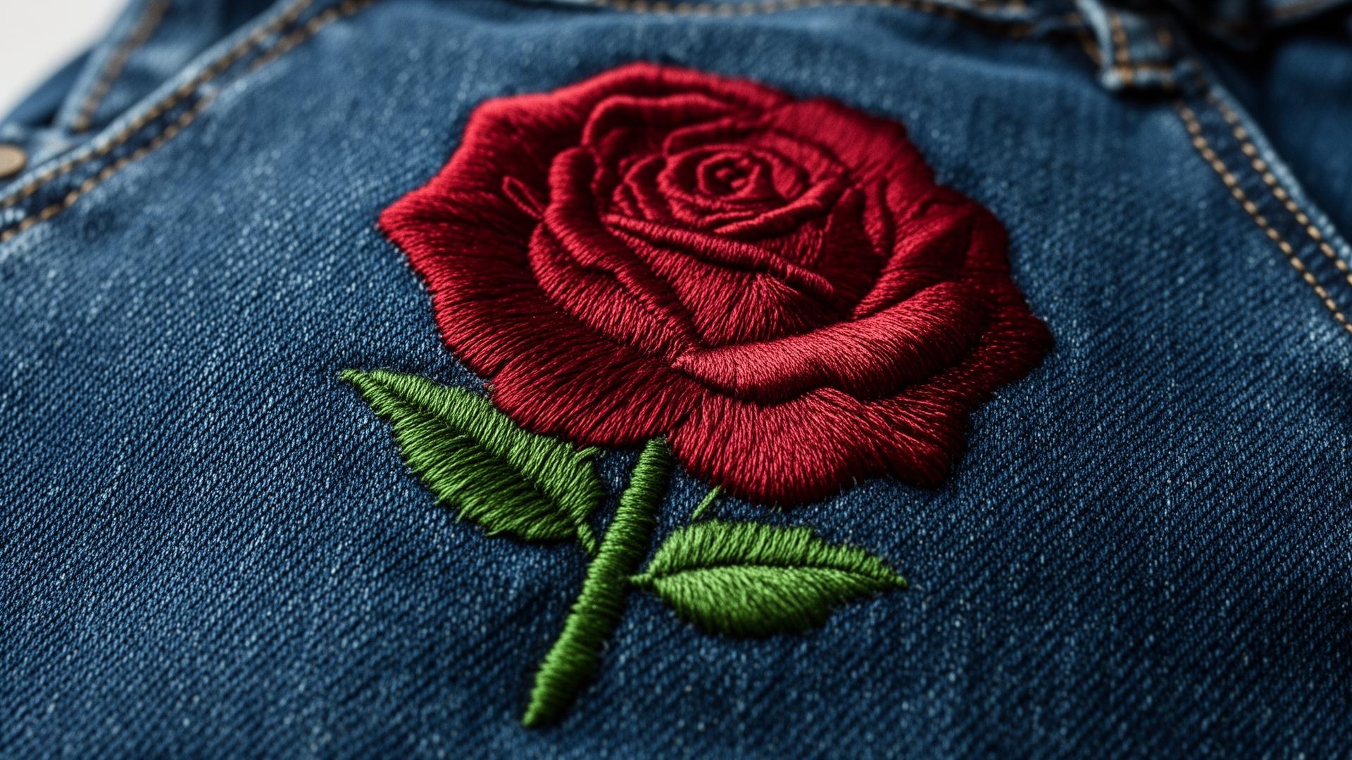 Deep red rose embroidered on indigo denim with green leaves